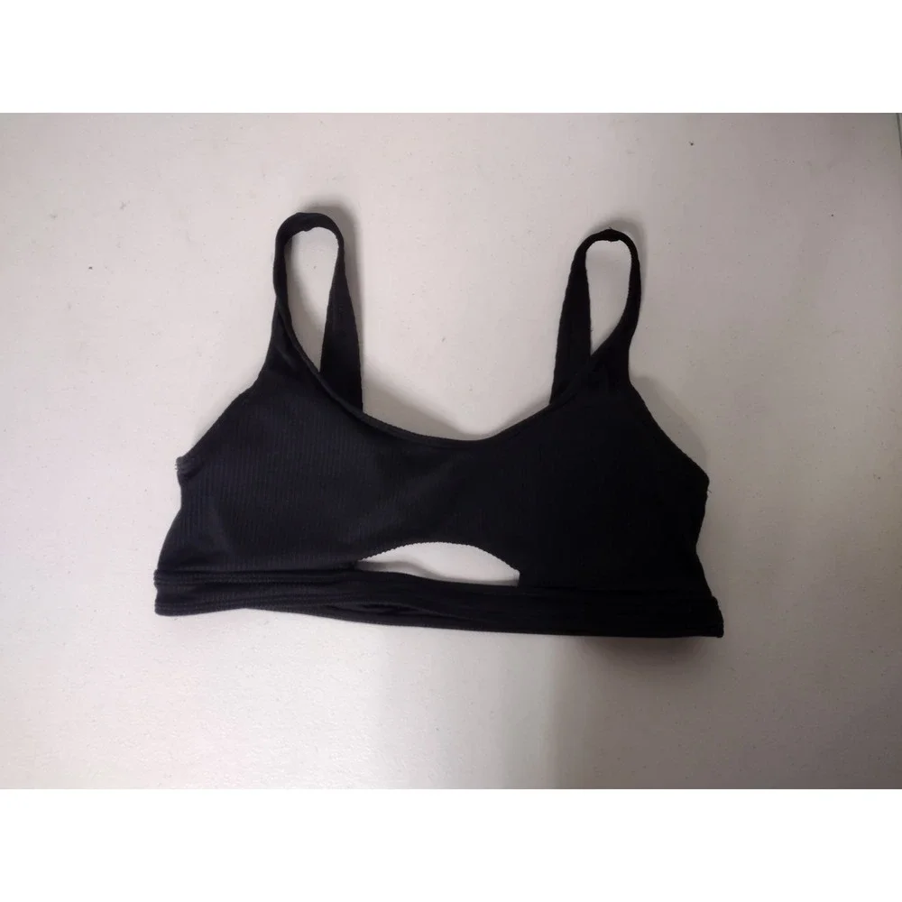 Blushing Brunette Black Ribbed Cutout Bikini Top Size L Scoop Neck Swimwear